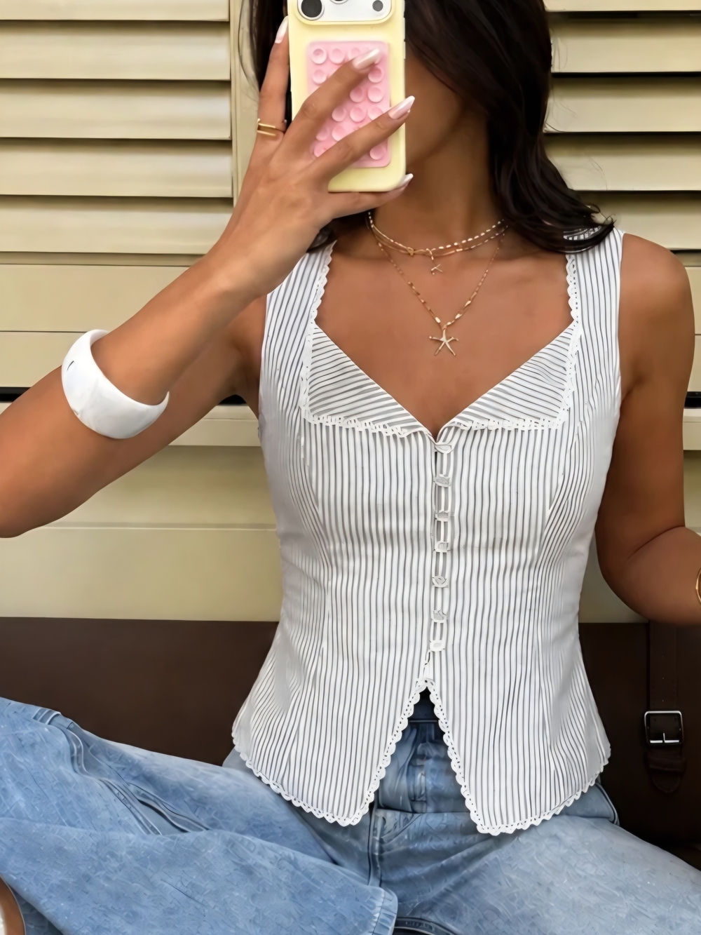 Striped White & Green Button Front Tank Top